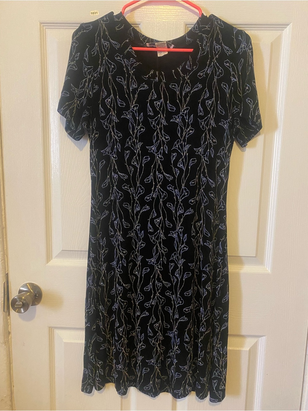 Vintage 1990’s Ronni Nicole Black Dress with Light Blue Floral Vine Pattern